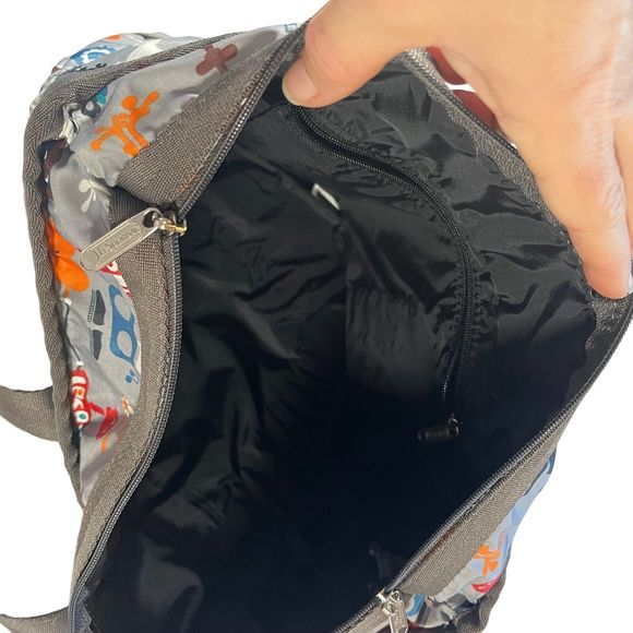 LE SPORTSAC Medium Travel Tote Robot Print 3 Front Pockets Grey/Red/Blue - Picture 6 of 13